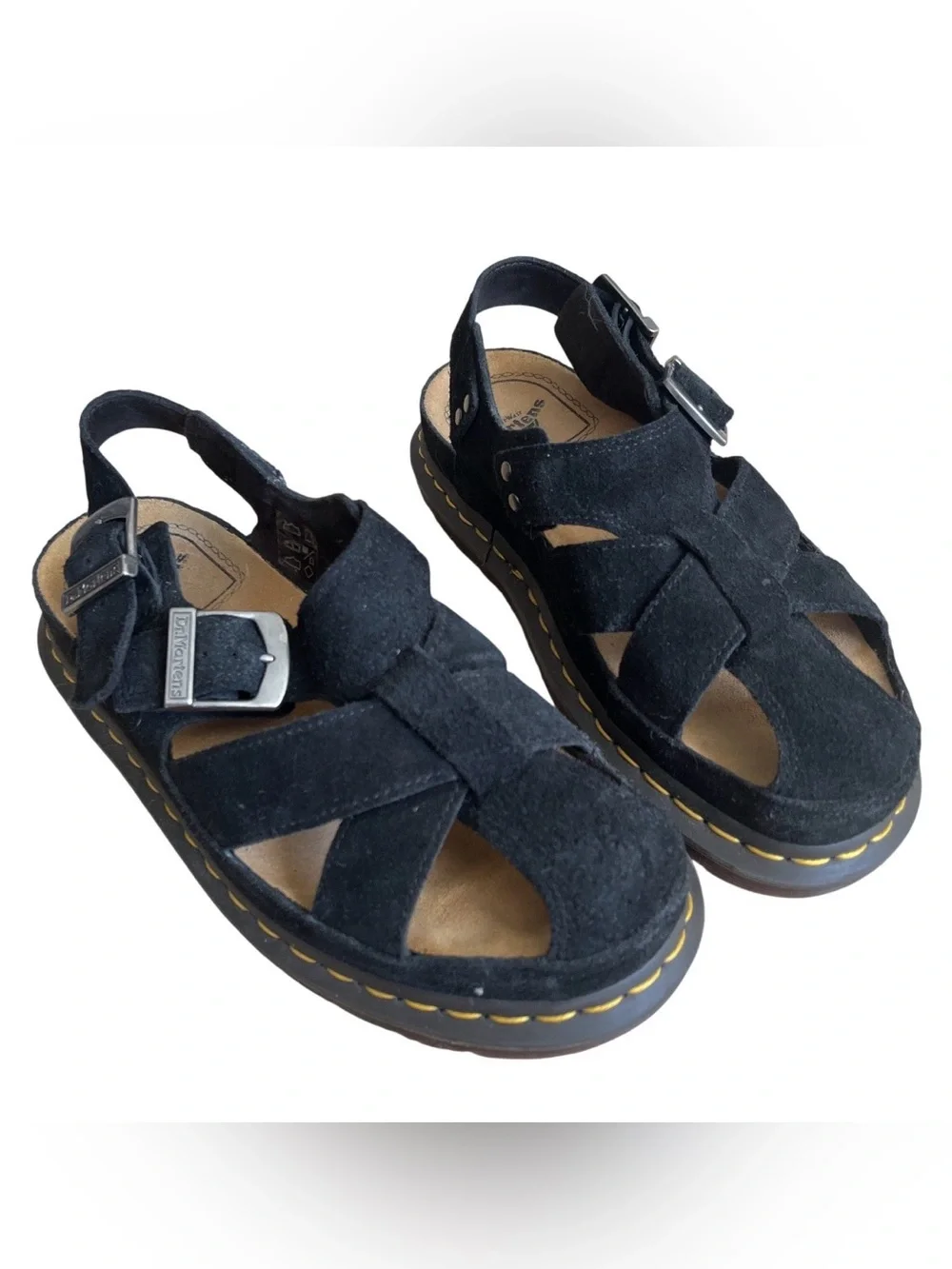 Dr. Martens Black Suede Buckle Fisherman Sandals with Yellow Stitching